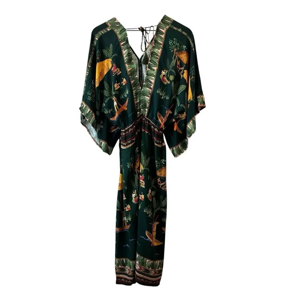 Farm‎ Rio Womens Dress Green Medium Yawanawa Indigenous Hut Print Rare Viscose - Picture 14 of 15